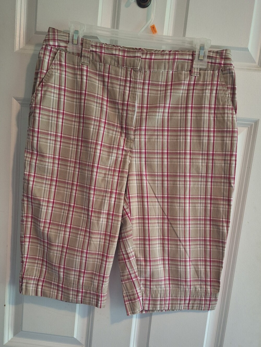 Kim Rogers Womens 12" Plaid Bermuda Shorts Size 10 Pink Tan White Cotton Preppy